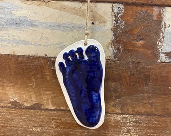 Footprint ornament in ceramic Baby footprint ornament Raised footprint ornament in navy kit by mail