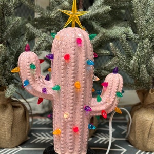 Lighted Cactus in Ceramic speckled Pink with Black Speckled Base image 1