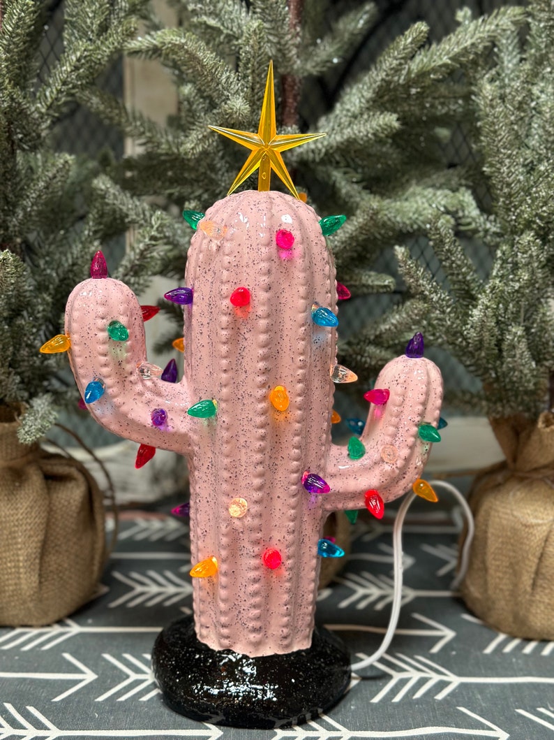 Lighted Cactus in Ceramic speckled Pink with Black Speckled Base image 1