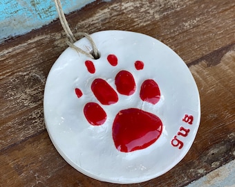 Pet Paw Print ornament in ceramic in red