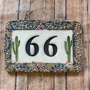 House Number with Cactus Ceramic Tile Mosaic Look Bordered House Number Plaque grey