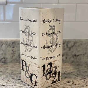 Wedding gift ceramic Vase with Anchor and Rope design personalize with wedding date and initials & love never fails image 7