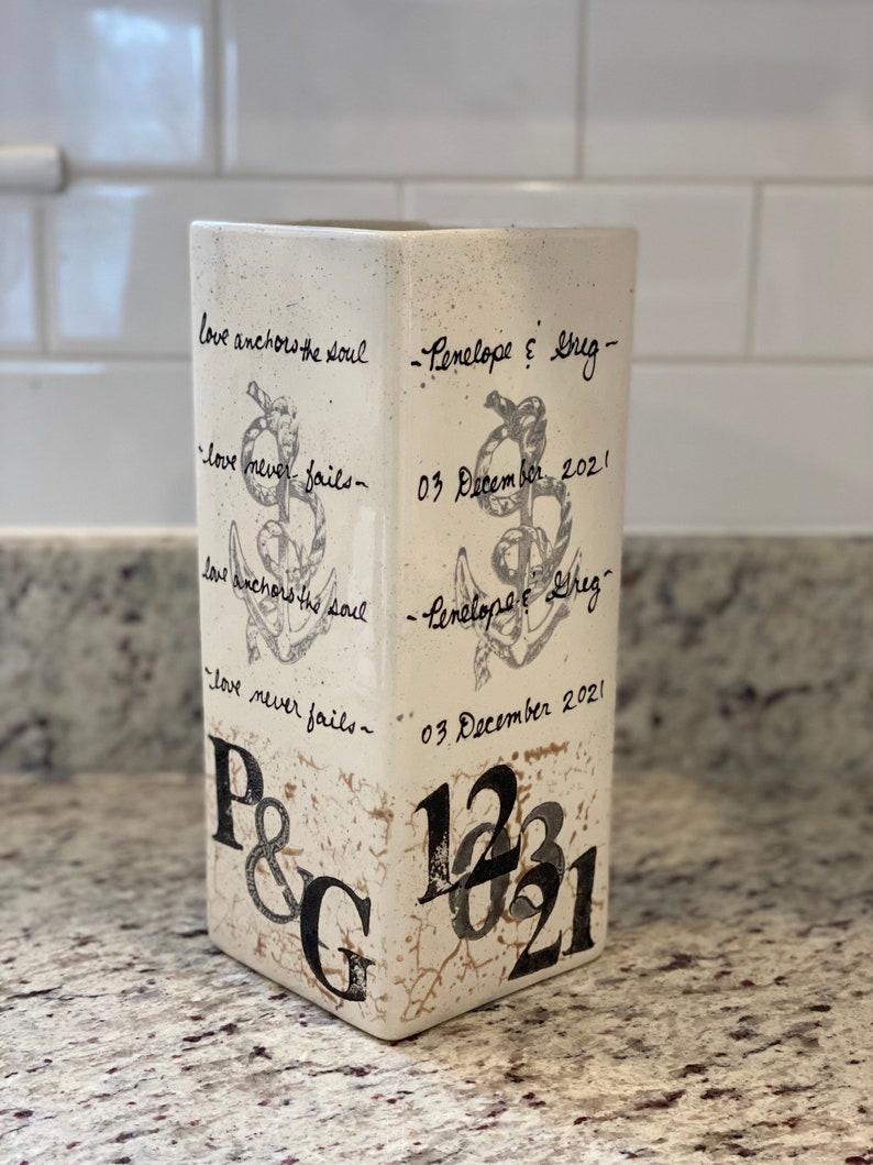 Wedding gift ceramic Vase with Anchor and Rope design personalize with wedding date and initials & love never fails image 7