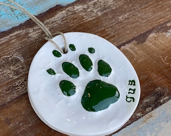 Pet Paw Print ornament in ceramic in holly green