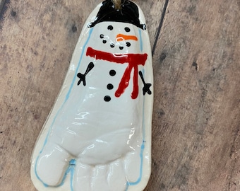 Raised Ceramic 3D Footprint Ornament Kit To Go In Seasonal Snowman Design on Natural Cording.  Must have for Babies first Christmas!