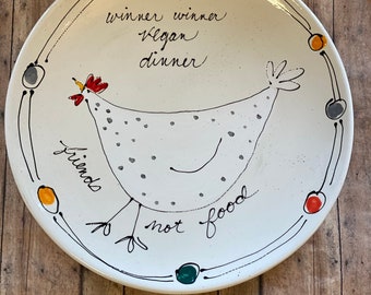 Winner Winner Vegan Round Serving plate hand painted with Chicken retro design.