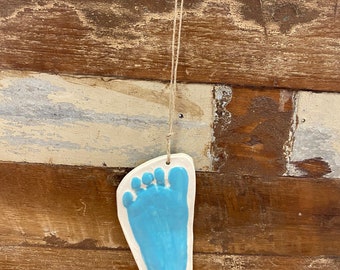 Footprint ornament in ceramic Baby raised footprint ornament in sky blue