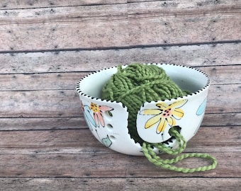 One of a Kind Yarn Bowl with handpainted floral pattern knit crochet away