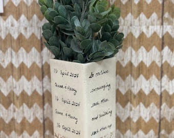 50th Anniversary gift ceramic Vase with scripture verse theme design personalize with anniversary date, names, initials of couple.