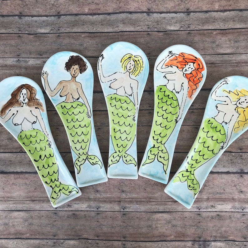 Mermaid spoon rest with short brown hair