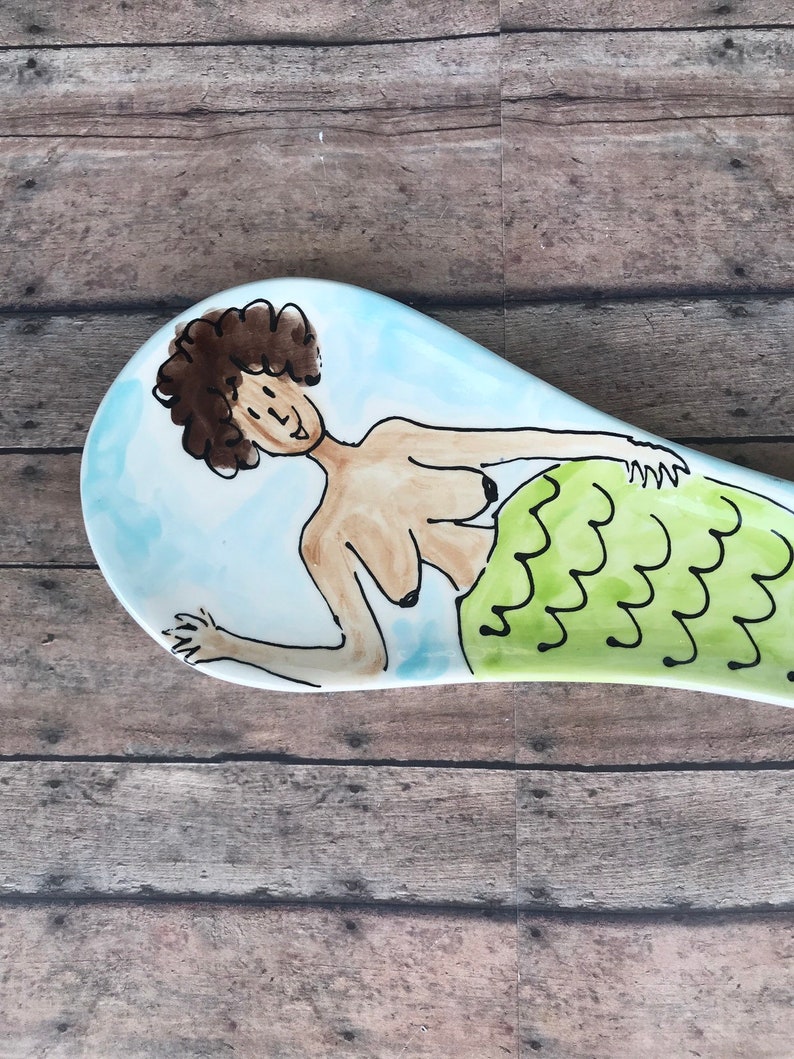 Mermaid spoon rest with short brown hair