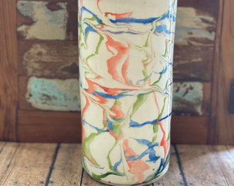 Vase with marble technique in coral, blue, green