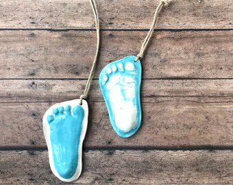 Raised Ceramic 3D footprint Ornament Kit To Go In Vibrant Blue on Natural Cording.  Personalized Keepsake for babies - Great Shower Gift!