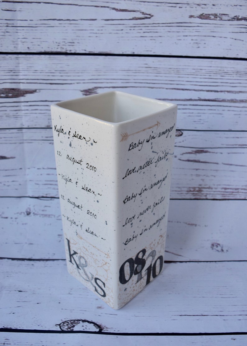 Wedding Gift Wedding Vase in ceramic personalized with date and initials of couple Anniversary Gift image 1