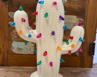 Lighted Cactus white ceramic with rainbow multi bulbs! Perfect Nursery decor!