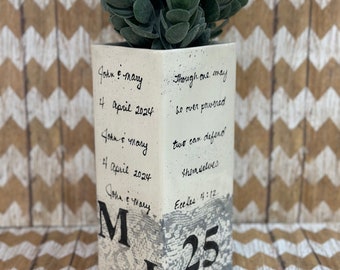 25th anniversary gift ceramic Vase neutral theme design personalize with wedding date, names, initials of couple and scripture verse.