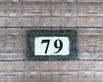 House number sign Home address plaque in black modern design in ceramic with mosaic look border