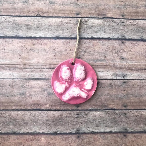 Single Paw Print 3-4 Inch Circle Ornament Animal Print Kit in Bright Pink Strung On Natural Twine- Perfect gift for Dog Moms and dads