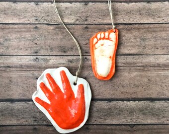 Raised Ceramic 3D Handprint Ornament Kit To Go In orange on Natural Cording.  Personalized Keepsake for babies - Great Shower Gift!