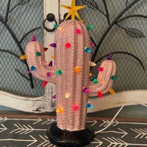 Lighted Cactus in Ceramic speckled Pink with Black Speckled Base image 4