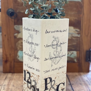 Wedding gift ceramic Vase with Anchor and Rope design personalize with wedding date and initials & love never fails image 1