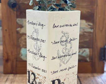 Wedding gift ceramic Vase with Anchor and Rope design personalize with wedding date and initials & love never fails