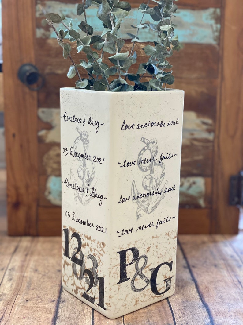 Wedding gift ceramic Vase with Anchor and Rope design personalize with wedding date and initials & love never fails image 1