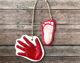 Raised Ceramic 3D Handprint Ornament Kit To Go In red on Natural Cording.  Personalized Keepsake for babies - Great Shower Gift!