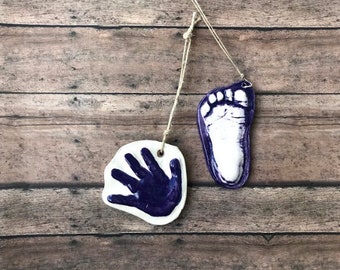 Raised Ceramic 3D Handprint Ornament Kit To Go In Vibrant Purple on Natural Cording.  Personalized Keepsake for babies - Great Shower Gift!