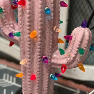 Lighted Cactus in Ceramic speckled Pink with Black Speckled Base image 3