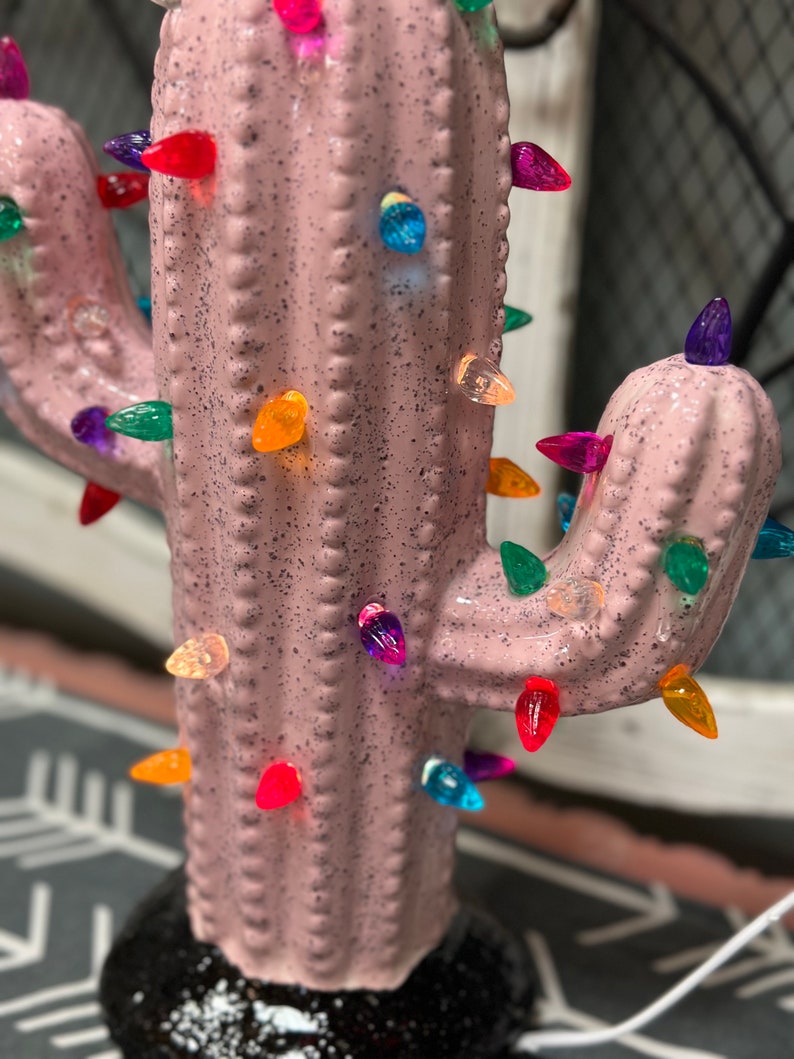 Lighted Cactus in Ceramic speckled Pink with Black Speckled Base image 3