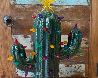 Lighted Cactus in Ceramic Vintage Inspired green with Sandy Base