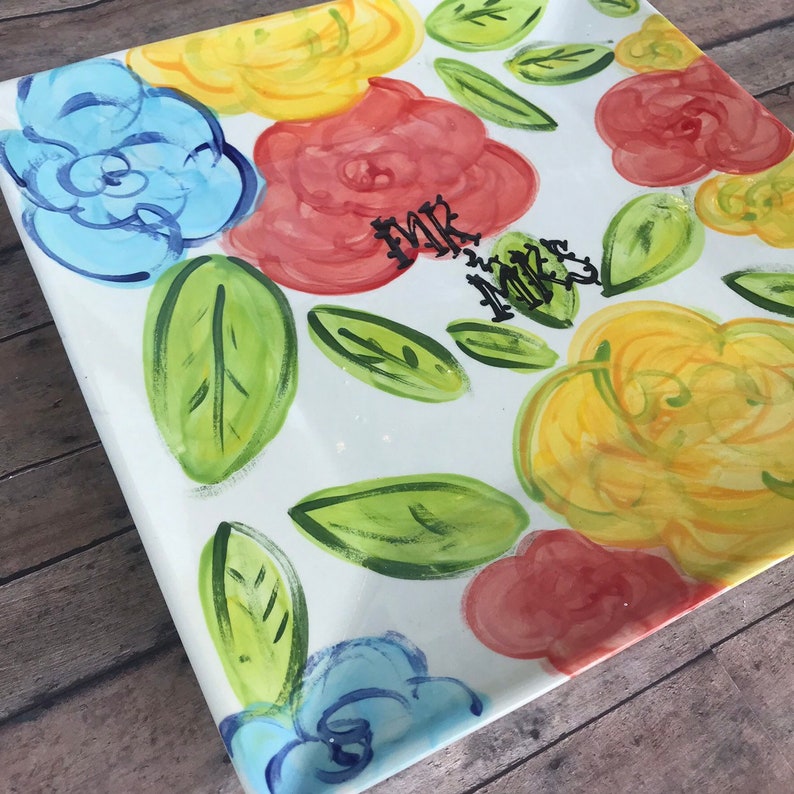 Mr /& Mrs or MrMr or MrsMrs hand painted floral platter with hand painted lettering wedding signiture platter serving or votive candles