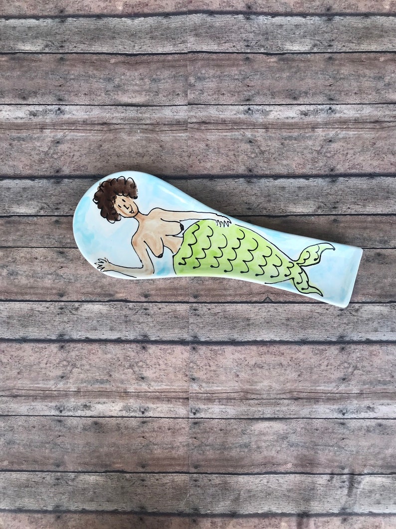 Mermaid spoon rest with short brown hair