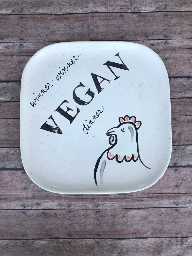 Winner Winner Vegan Dinner Plate Hand Painted Ceramic Square Etsy