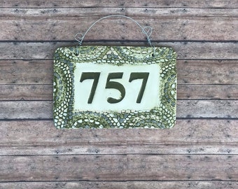 House number Home address sign in ceramic with mosaic look border in sage green