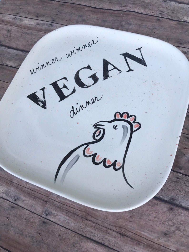 Winner Winner Vegan Dinner Plate Hand Painted Ceramic Square Etsy