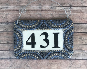 House Number in ceramic Home Address Sign in dark charcoal with mosaic look border