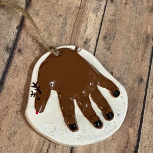 Handprint standing Reindeer ornament in ceramic Baby raised hand print Reindeer ornament
