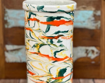 Vase in marble technique Teal, orange and sunflower yellow