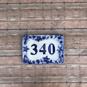 House number sign Home address Plaque in ceramic Beach theme in blue with starfish and shells