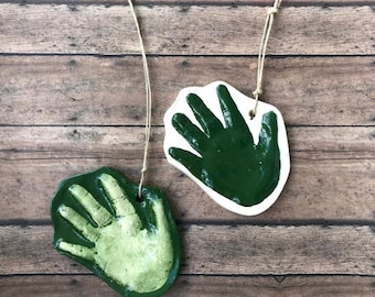 Raised Ceramic 3D Handprint Ornament Kit To Go In Dark Green on Natural Cording.  Personalized Keepsake for babies - Great Shower Gift!