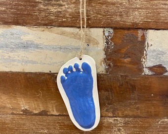 Footprint ornament in ceramic Kit by mail Baby footprint in Blue Raised footprint in ceramic