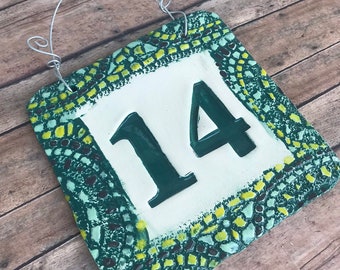 House number sign Home address plaque in ceramic deep teal with mosaic look border
