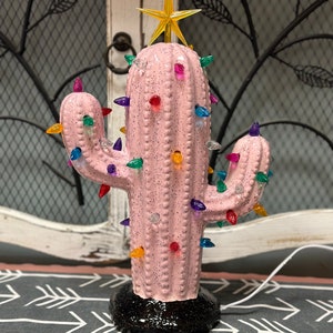 Lighted Cactus in Ceramic speckled Pink with Black Speckled Base image 2