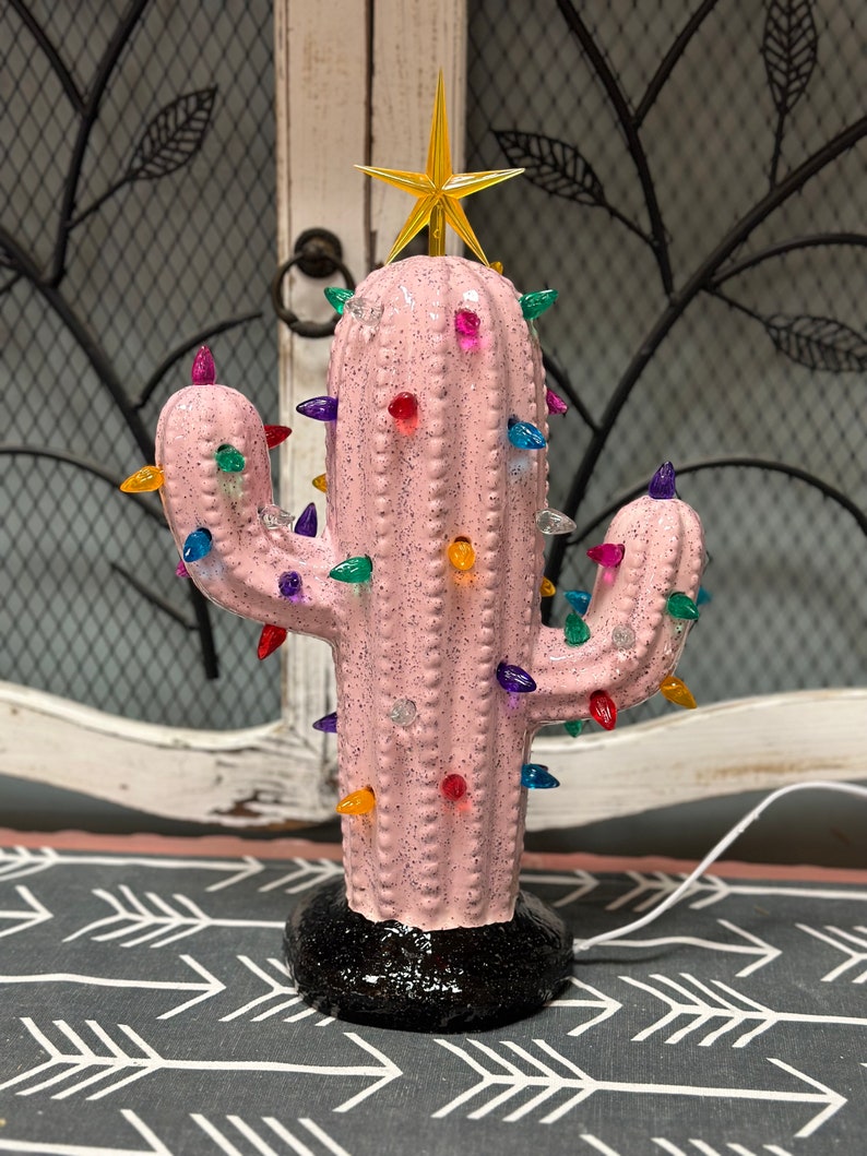 Lighted Cactus in Ceramic speckled Pink with Black Speckled Base image 2