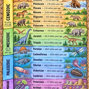 Può includere: Un poster educativo colorato intitolato Earth's Geologic Time Scale, A simplified journey through deep time. Mostra ere e periodi geologici dall'Adeano all'Olocene con illustrazioni di animali preistorici, piante e paesaggi naturali.