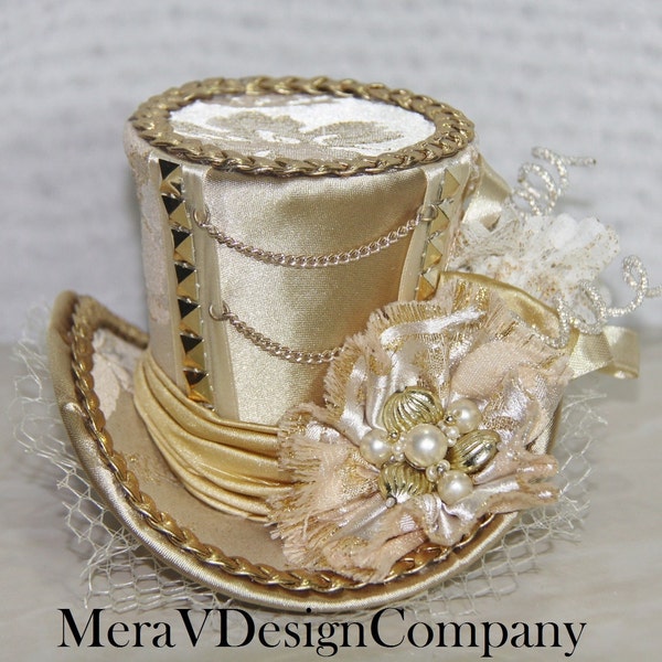 Gold Cream Brocade Mini Top Hat Steampunk Victorian Edwardian Vintage Bride Style Chains Corset Vintage Brooch Lace Net Studs -READY TO SHIP
