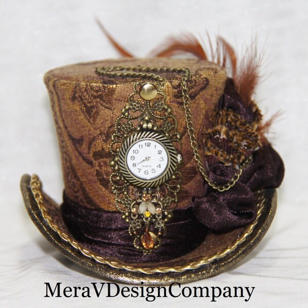Brown Gold Mini Top Hat, Steampunk, Women Headpiece, Bridal Hat, Party Hat, Mad Hatter Hat, Working Clock, Victorian  READY TO SHIP