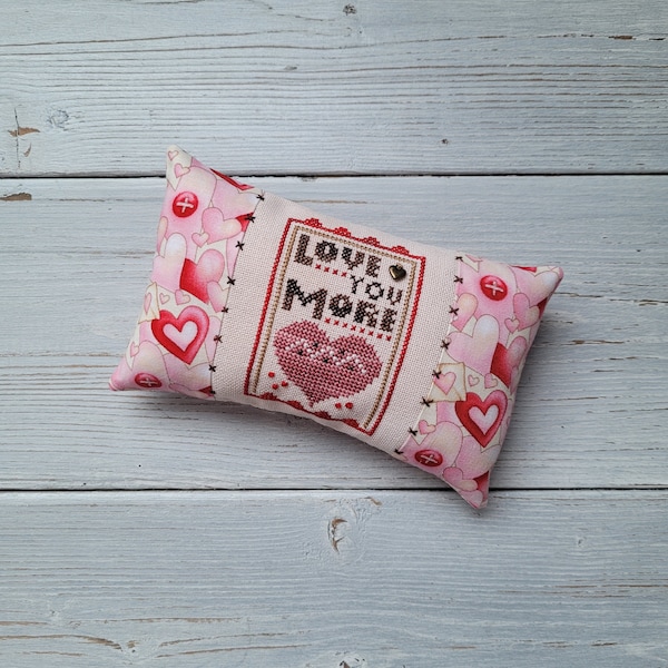 Finished Primitive Cross stitch Love you more Pillow Tuck, Valentine's Cupboard Tuck, Heart in Hand